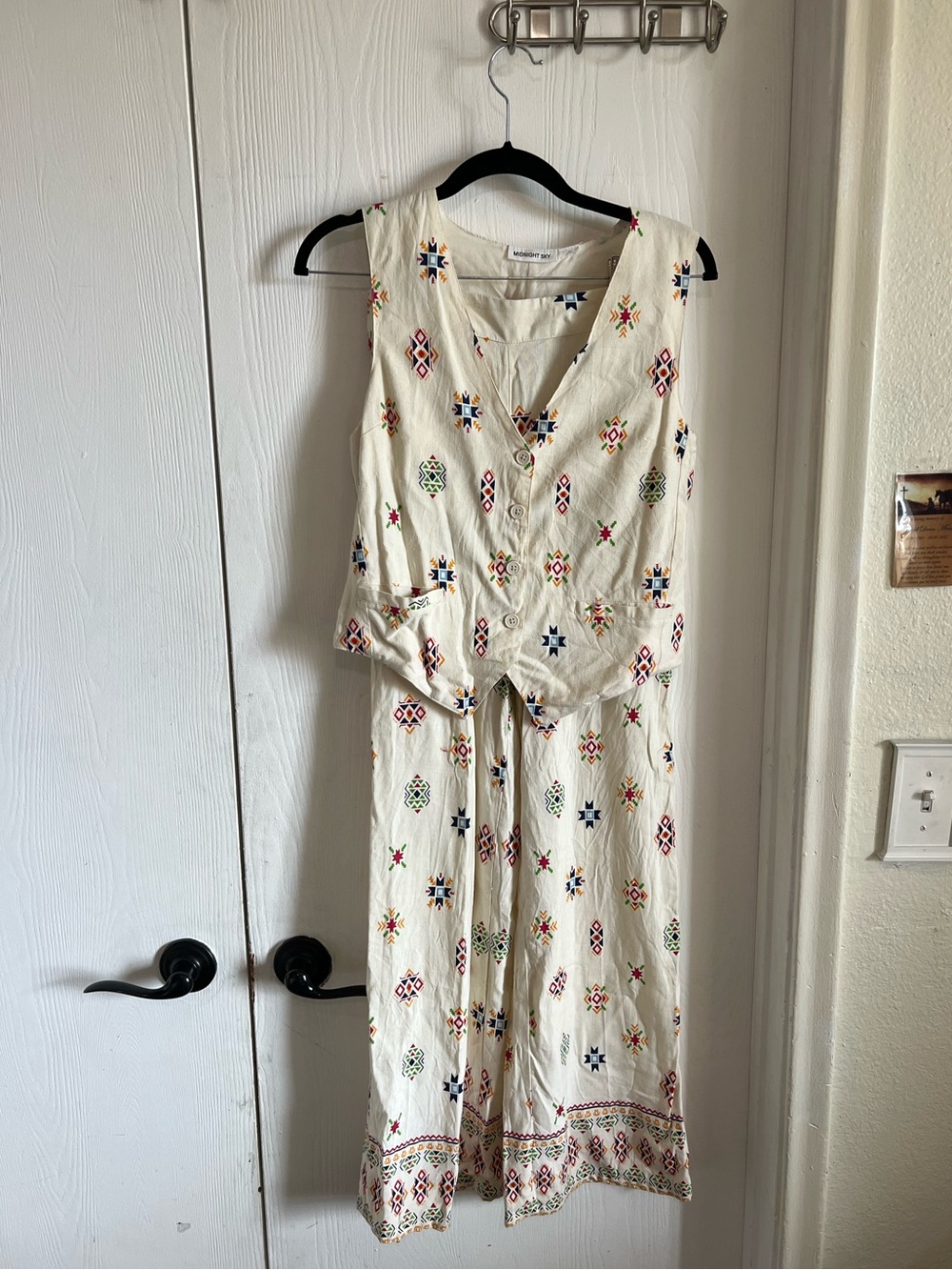 Midnight Sky Size S Vest Top & Wide Leg Pants Cream Aztec Print Boho Lightweight